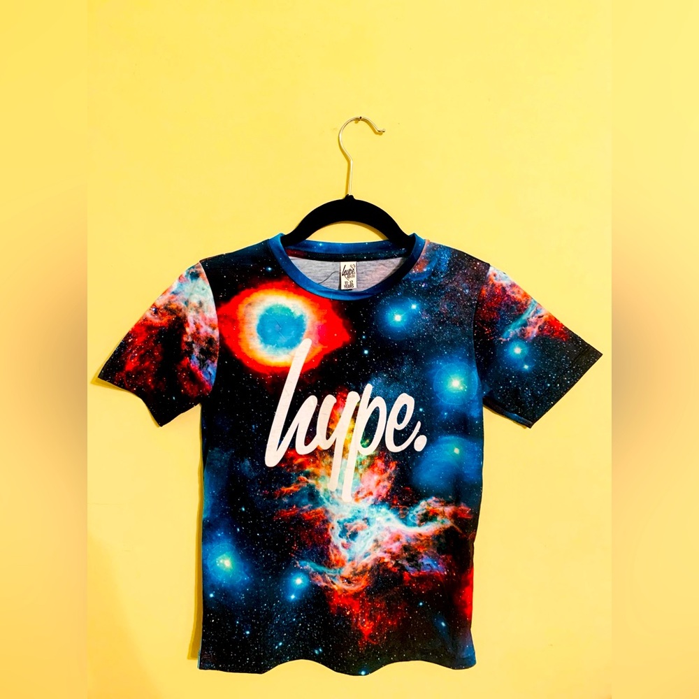 Hype Boys Multicolor Space Galaxy Print w/ Logo Script Short Sleeve T-Shirt
